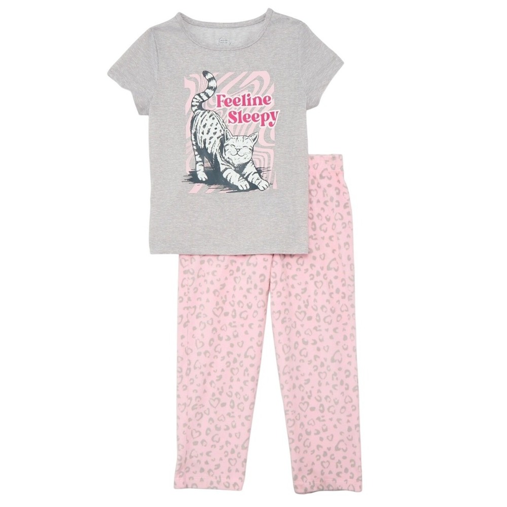 NWT Wonder‎ Nation Kids Girls Pajama Set Medium 7-8 Gray Cat "Feeline Sleepy"